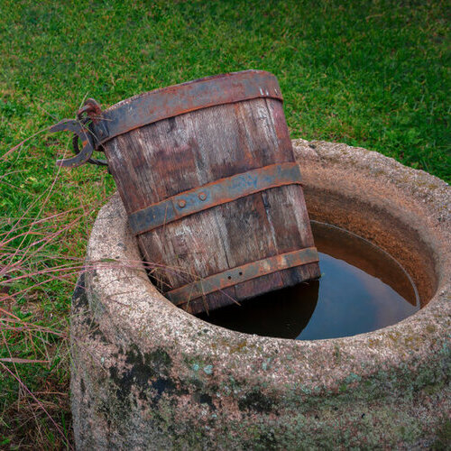 old wooden bucket lies on a concrete well with water